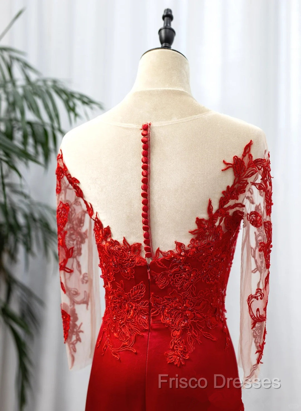 Red Satin With Lace Round Neckline Party Dress, Red Satin Formal Dress