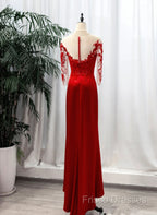 Red Satin With Lace Round Neckline Party Dress, Red Satin Formal Dress