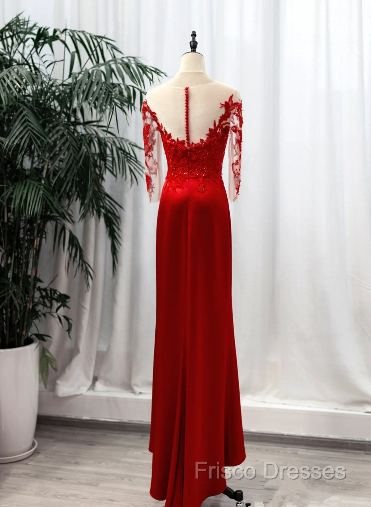 Red Satin With Lace Round Neckline Party Dress, Red Satin Formal Dress