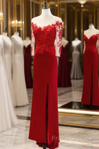 Red Satin With Lace Round Neckline Party Dress, Red Satin Formal Dress