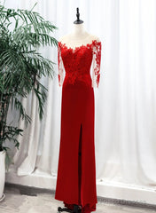 Red Satin With Lace Round Neckline Party Dress, Red Satin Evening Dress