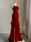 Red Scoop Sleeveless Ruffles Tiered Prom Dress with Slit