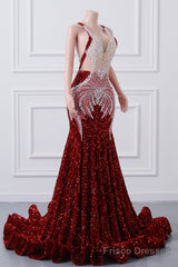 Red Sequin Mermaid Prom Dresses Luxury Silver Crystal Beaded Sheer Neck Long Formal Party Evening Gowns for Black Girls