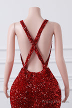 Red Sequin Mermaid Prom Dresses Luxury Silver Crystal Beaded Sheer Neck Long Formal Party Evening Gowns for Black Girls