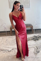 Red Sequin Plunge V Backless Mermaid Maxi Dress with Slit