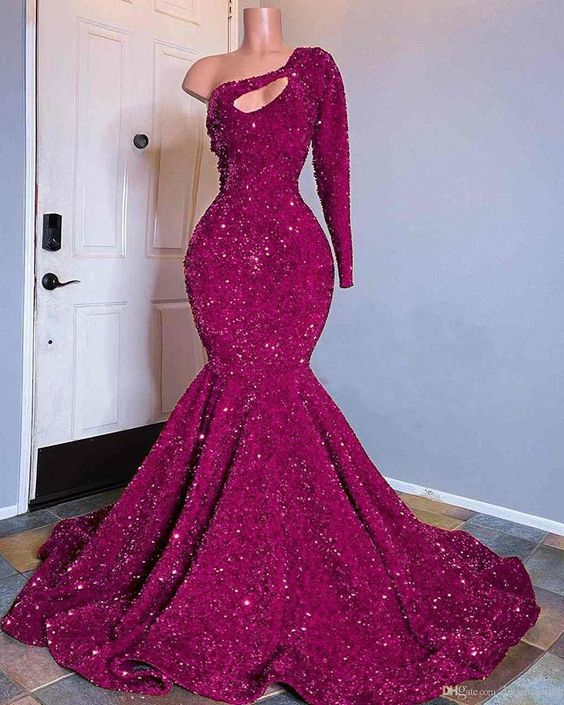 Red Sequined Mermaid Prom Dresses One Shoulder Long Sleeve Sequined Keyhole Prom Gowns