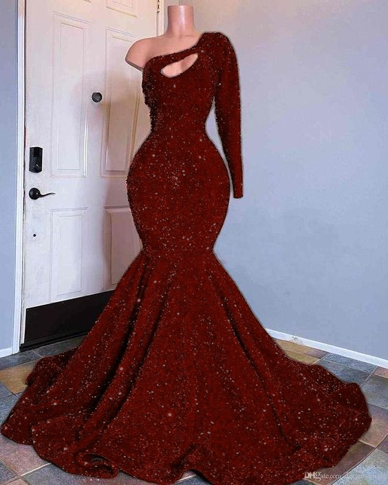 Red Sequined Mermaid Prom Dresses One Shoulder Long Sleeve Sequined Keyhole Prom Gowns