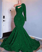 Red Sequined Mermaid Prom Dresses One Shoulder Long Sleeve Sequined Keyhole Prom Gowns