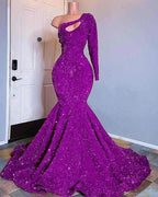 Red Sequined Mermaid Prom Dresses One Shoulder Long Sleeve Sequined Keyhole Prom Gowns