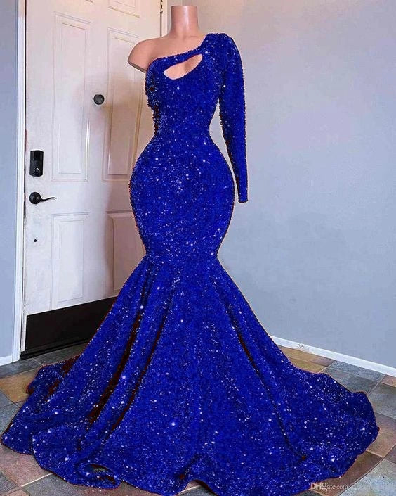 Red Sequined Mermaid Prom Dresses One Shoulder Long Sleeve Sequined Keyhole Prom Gowns