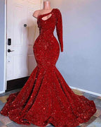 Red Sequined Mermaid Prom Dresses One Shoulder Long Sleeve Sequined Keyhole Prom Gowns