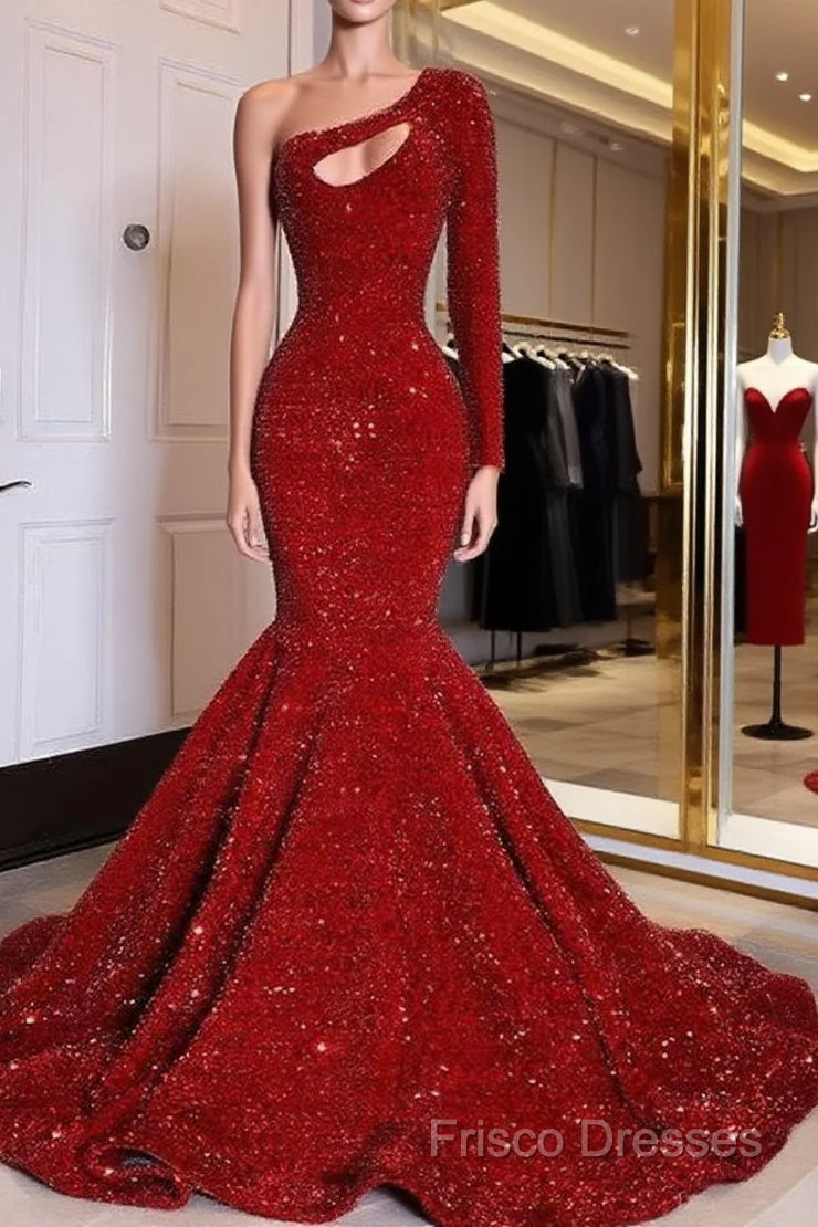 Red Sequined Black Girls Mermaid Formal Prom Dress Plus Size One Shoulder Long Sleeve Sequined Keyhole Formal Prom Gowns Main image