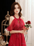 Red Sequins And Beaded Off Shoulder Long Prom Dress, Red A-Line Party Dress