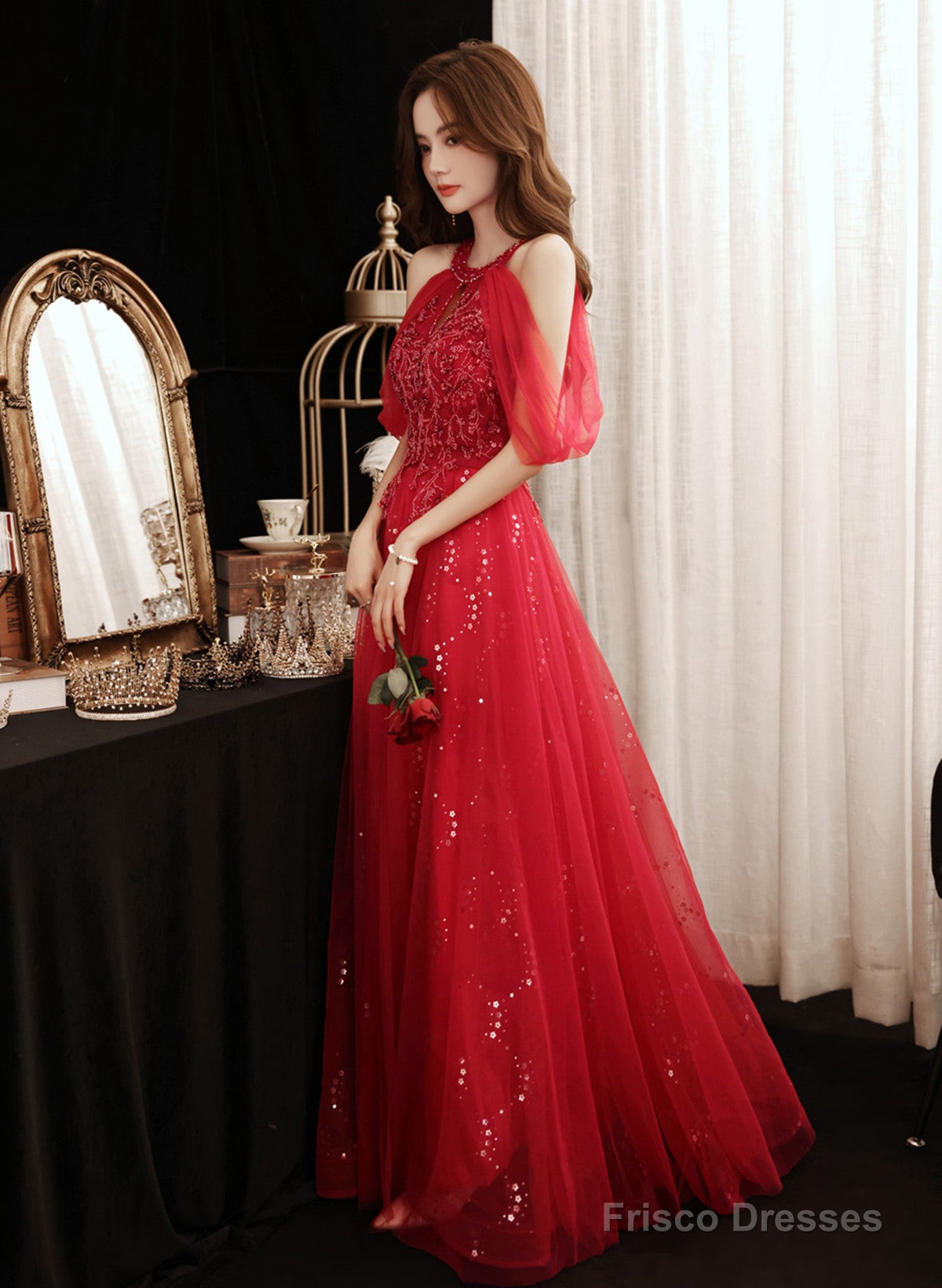 Red Sequins And Beaded Off Shoulder Long Prom Dress, Red A-Line Party Dress Main image