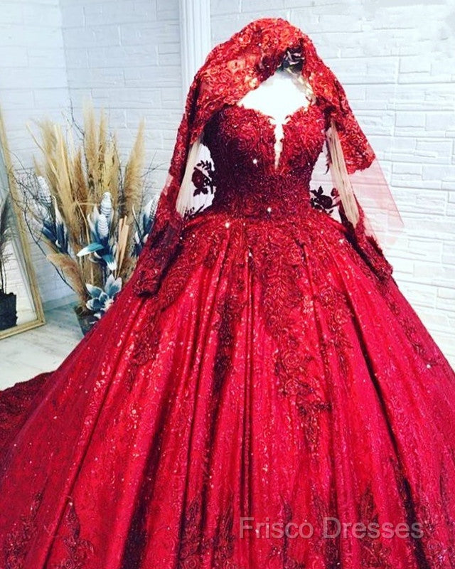 Red Sequins Lace Wedding Dress Ball Gown Long Sleeves Secondary image