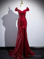 Red Sequins Mermaid Long Off Shoulder Evening Dress, Red Sequins Prom Dress