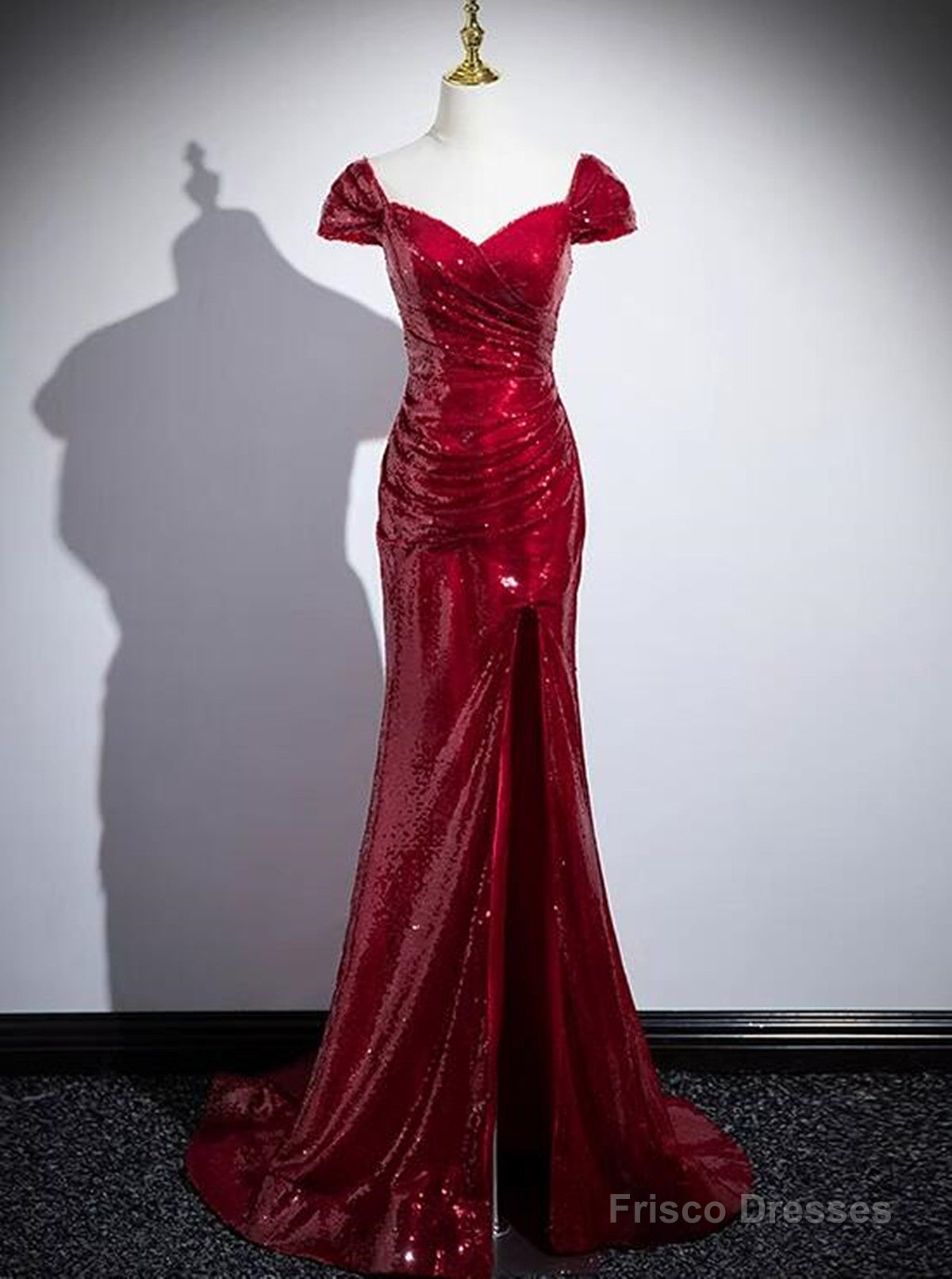 Red Sequins Mermaid Long Off Shoulder Evening Dress, Red Sequins Prom Dress