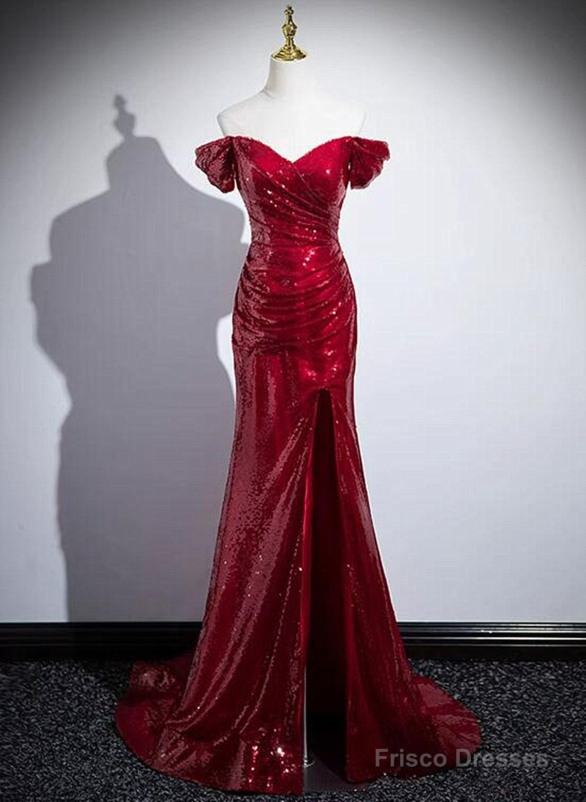 Red Sequins Mermaid Long Off Shoulder Evening Dress, Red Sequins Prom Dress Main image