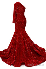 Red Sequins Mermaid Prom Dresses One Shoulder Evening Dresses Floor Length Wedding Party Gowns