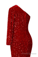 Red Sequins Mermaid Prom Dresses One Shoulder Evening Dresses Floor Length Wedding Party Gowns