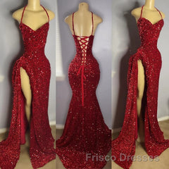 Red Sequins Formal Prom Dresses High Slit Halter Sleeveless Sparkly Long Party Evening Dresses for Black Girls