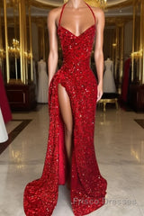 Red Sequins Formal Prom Dresses High Slit Halter Sleeveless Sparkly Long Party Evening Dresses for Black Girls