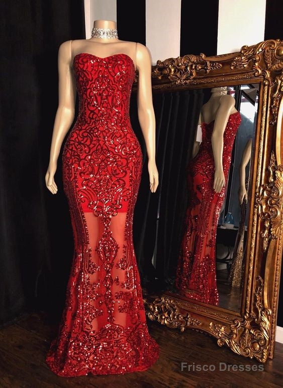 Red Sheath Sweetheart Strapless Floor Length Tulle Lace Prom Dress Main image