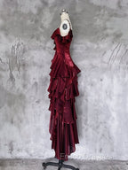 Red Shimmer Asymmetrical Layered Flounce Spaghetti Strap Dress Evening Gown