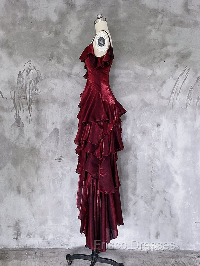 Red Shimmer Asymmetrical Layered Flounce Spaghetti Strap Dress Evening Gown