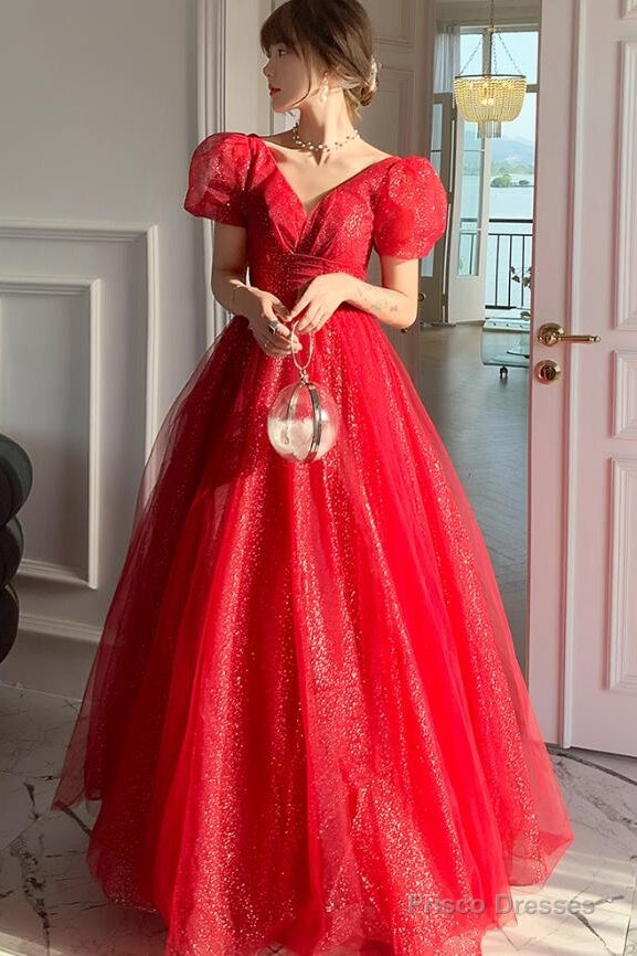 Red Shiny Tulle Short Sleeves Long A-Line Prom Dress, Red Wedding Party Dress Secondary image
