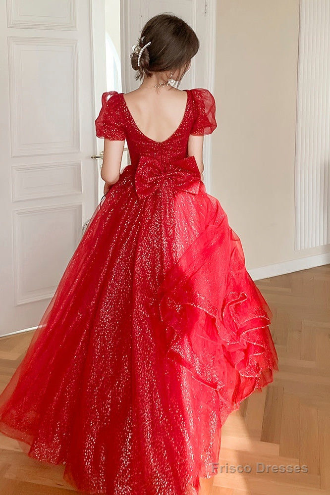Red Shiny Tulle Short Sleeves Long A-Line Prom Dress, Red Wedding Party Dress