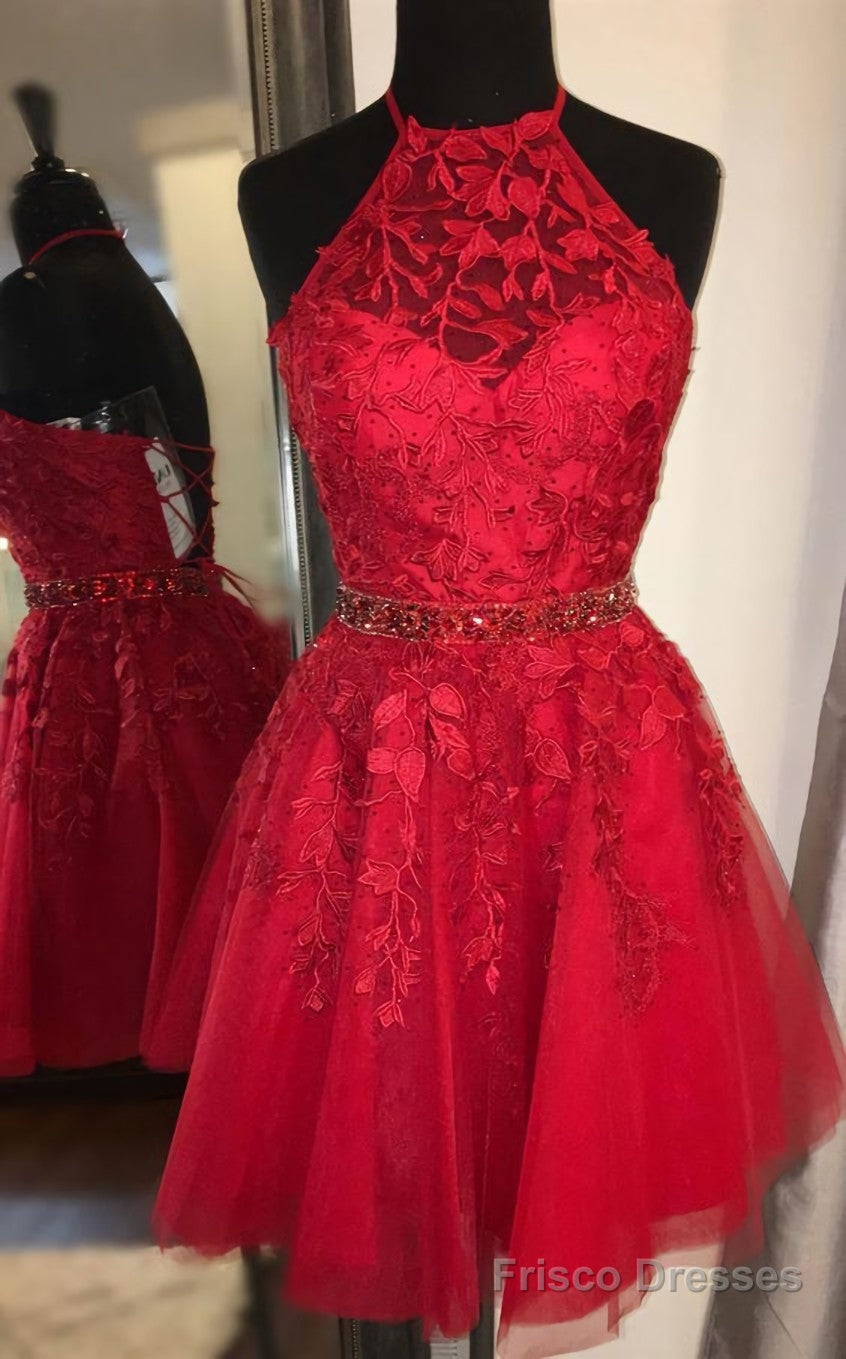 Red Short Homecoming Dresses,Formal Lace Hoco Dress with Beading Main image