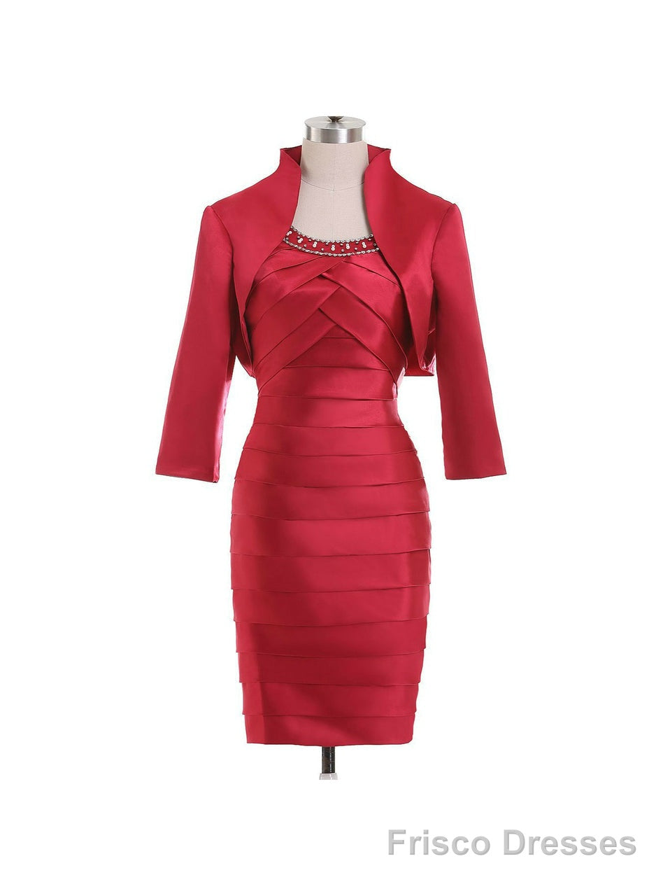 Red Short Mother Of The Bride Dresses Suits With Jackets Pleats Satin