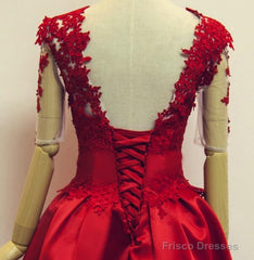 Red Short Sleeves Satin And Applique Homecoming Dresses, Red Short Prom Dresses, Formal Dress