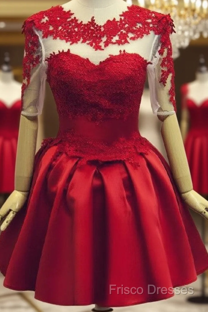 Red Short Sleeves Satin And Applique Homecoming Dress, Red Short Formal Prom Dress, Formal Dress Main image