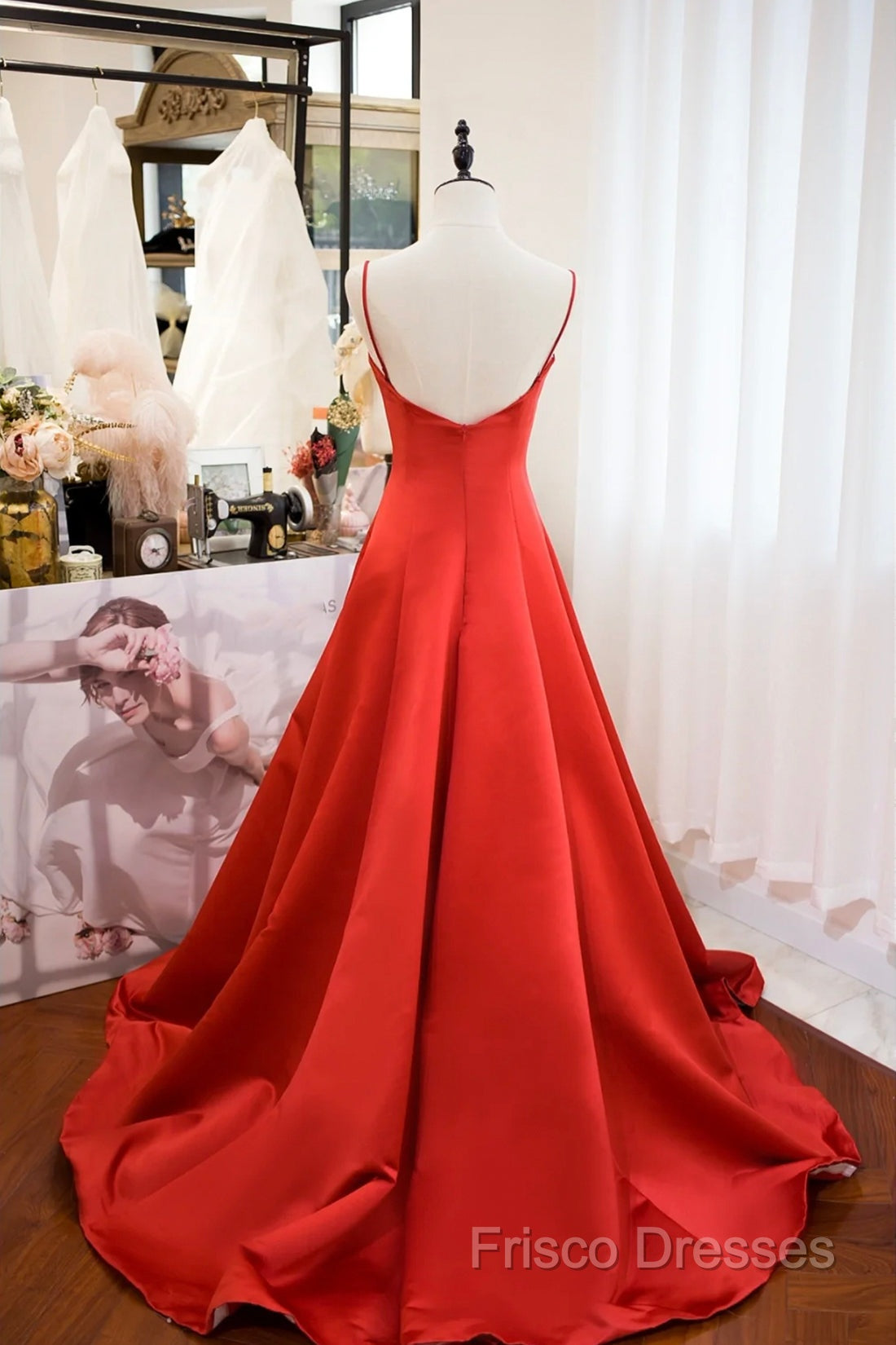 Red Spaghetti Strap Satin Long Formal Prom Dress, Simple A-Line Formal Party Dress Secondary image