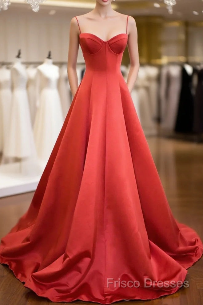 Red Spaghetti Strap Satin Long Formal Prom Dress, Simple A-Line Formal Party Dress Main image