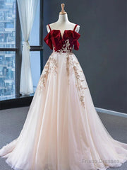 Red Spaghetti Straps Applique Tulle A-Line Prom Dress,