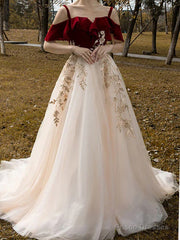 Red Spaghetti Straps Applique Tulle A-Line Prom Dress,