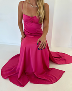 Vintage Satin Spaghetti Strap Ruched High Slit Formal Evening Gown