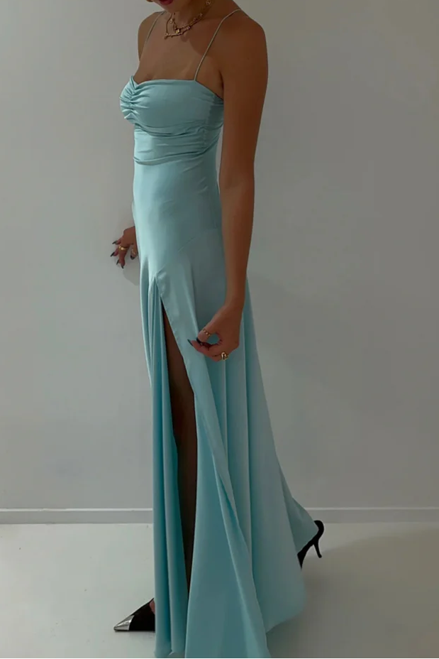 Vintage Satin Spaghetti Strap Ruched High Slit Formal Evening Gown