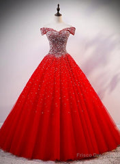 Red Sparkle Tulle Sweetheart Party Dress, Shiny Sweet 16 Dresses