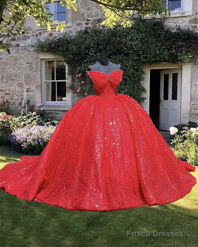 Red Sparkly Ball Gown Dress With Bow Main image