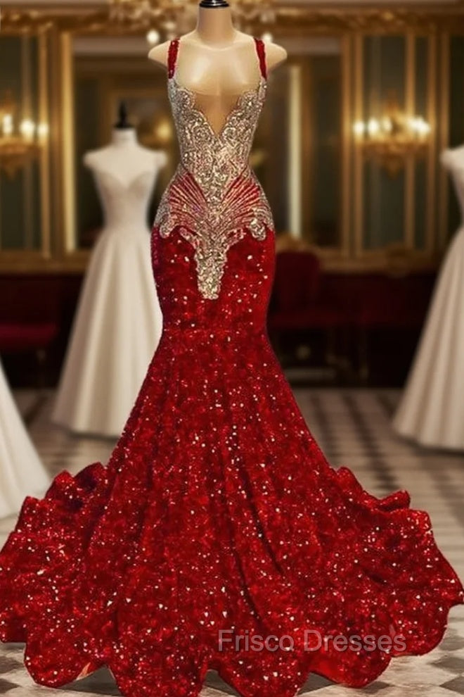 Red Square Mermaid Evening Dress Beads Sequins Long Sleeveless