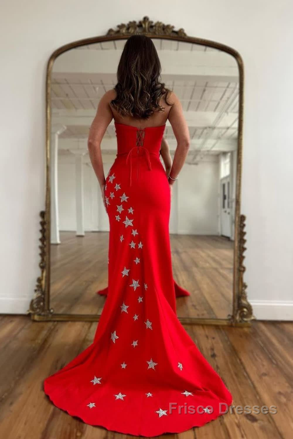 Red Strapless Mermaid Long Prom Dress with Stars Secondary image