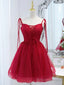 Red Straps Tulle Short Homecoming Dress Prom Dress, Red V-neckline Formal Dresses