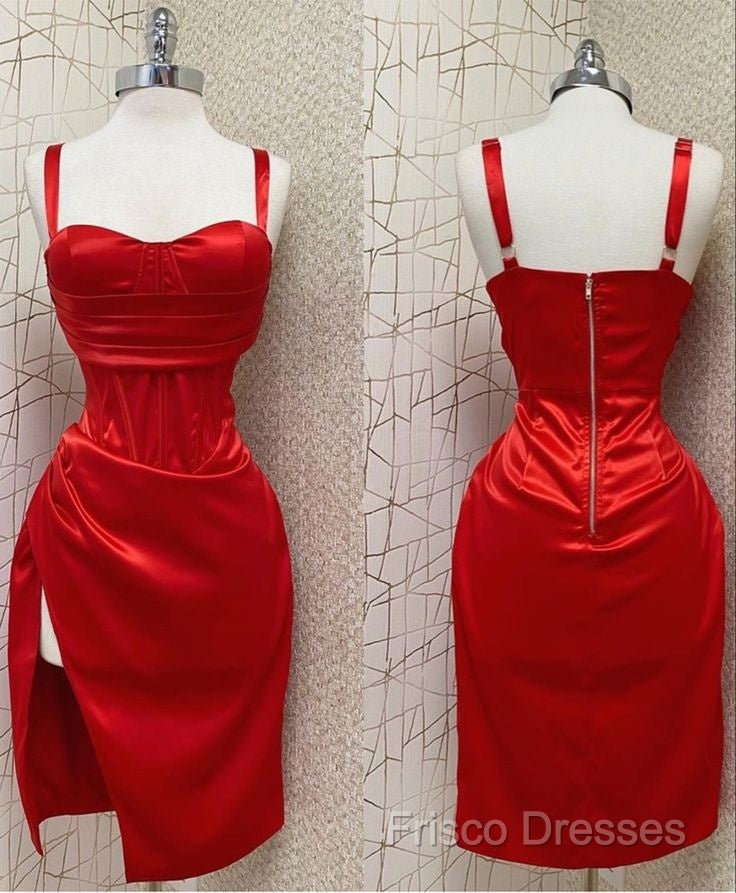 Red Sweetheart Neckline Slit Homecoming Dress Midi Formal Prom Dress
