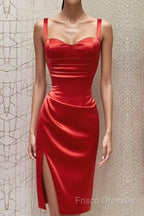 Red Sweetheart Neckline Slit Homecoming Dress Midi Formal Prom Dress