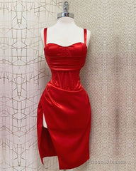 Red Sweetheart Neckline Slit Homecoming Dress Midi Prom Dress