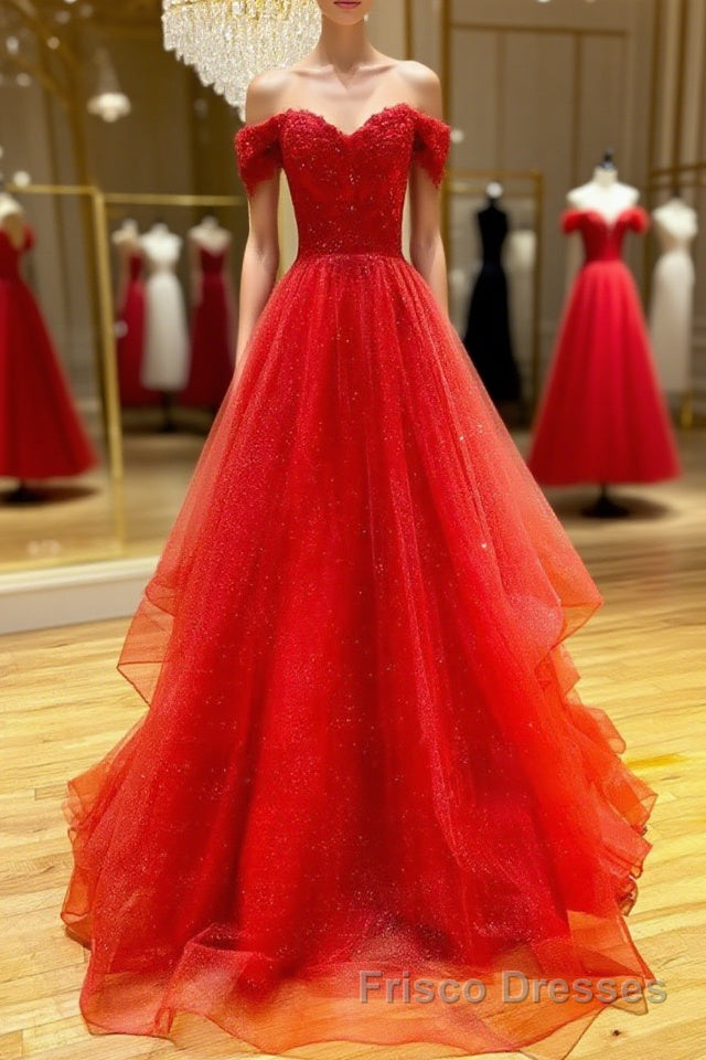 Red sweetheart off shoulder tulle long Formal Prom Dresses tulle formal Dresses